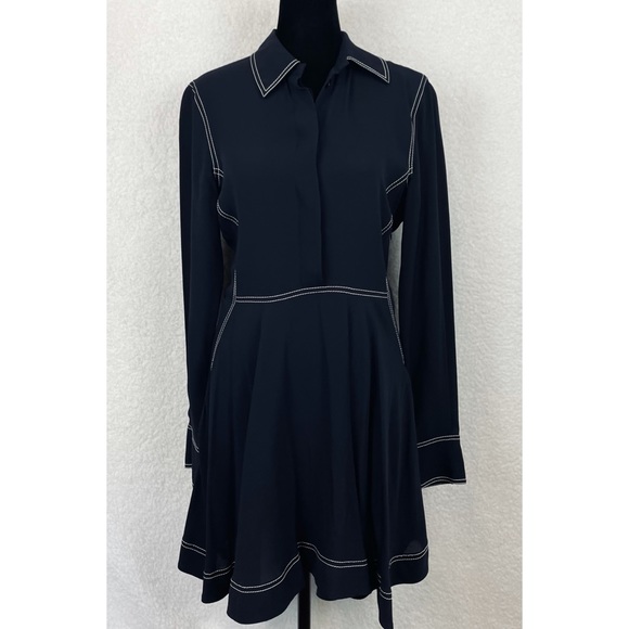 STELLA MCCARTNEY • 100% Silk Navy Contrast-Stitch Collared Mini Dress - Picture 2 of 16